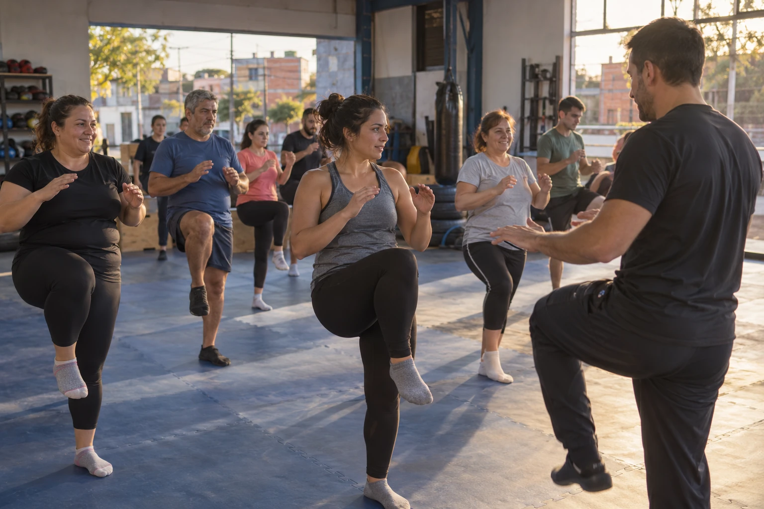 Grupo de personas adultas realiza ejercicios de equilibrio en un gimnasio barrial.