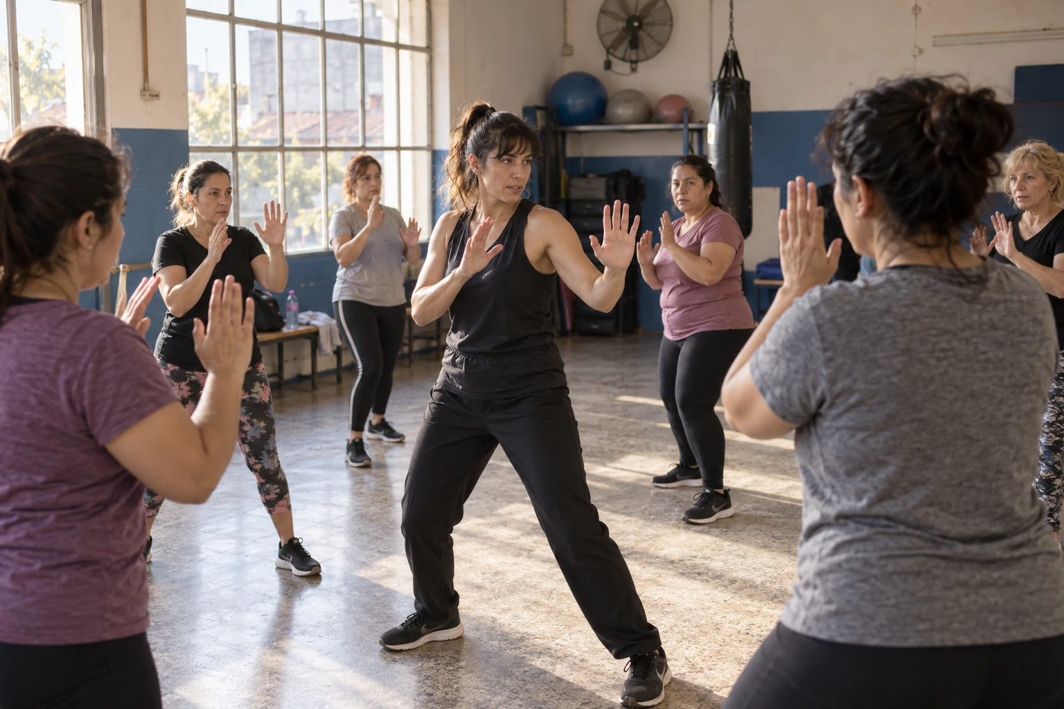 Mujeres adultas practican una postura de defensa personal con una instructora.