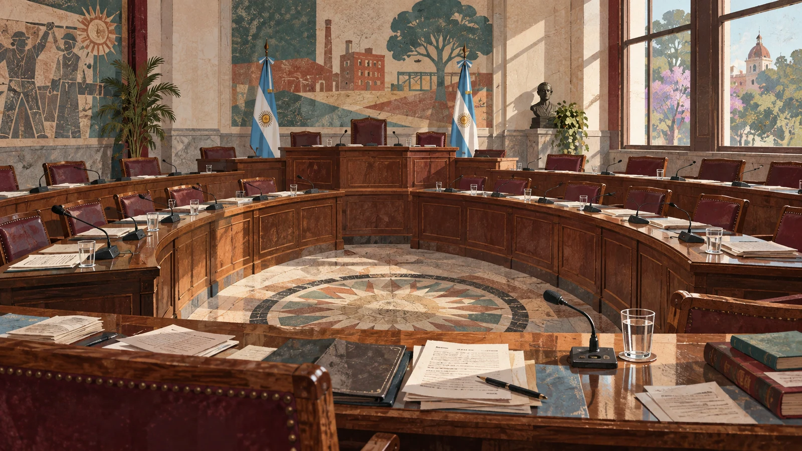 Ilustración editorial generada con IA: un recinto deliberativo. No representa una sesión ni el recinto real.