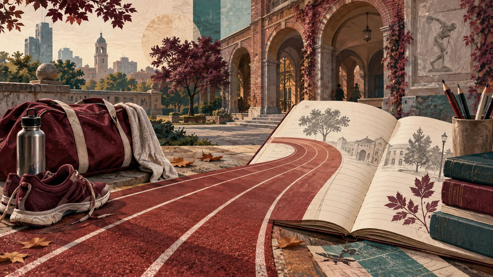 Ilustración editorial generada con IA sobre estudio y deporte.