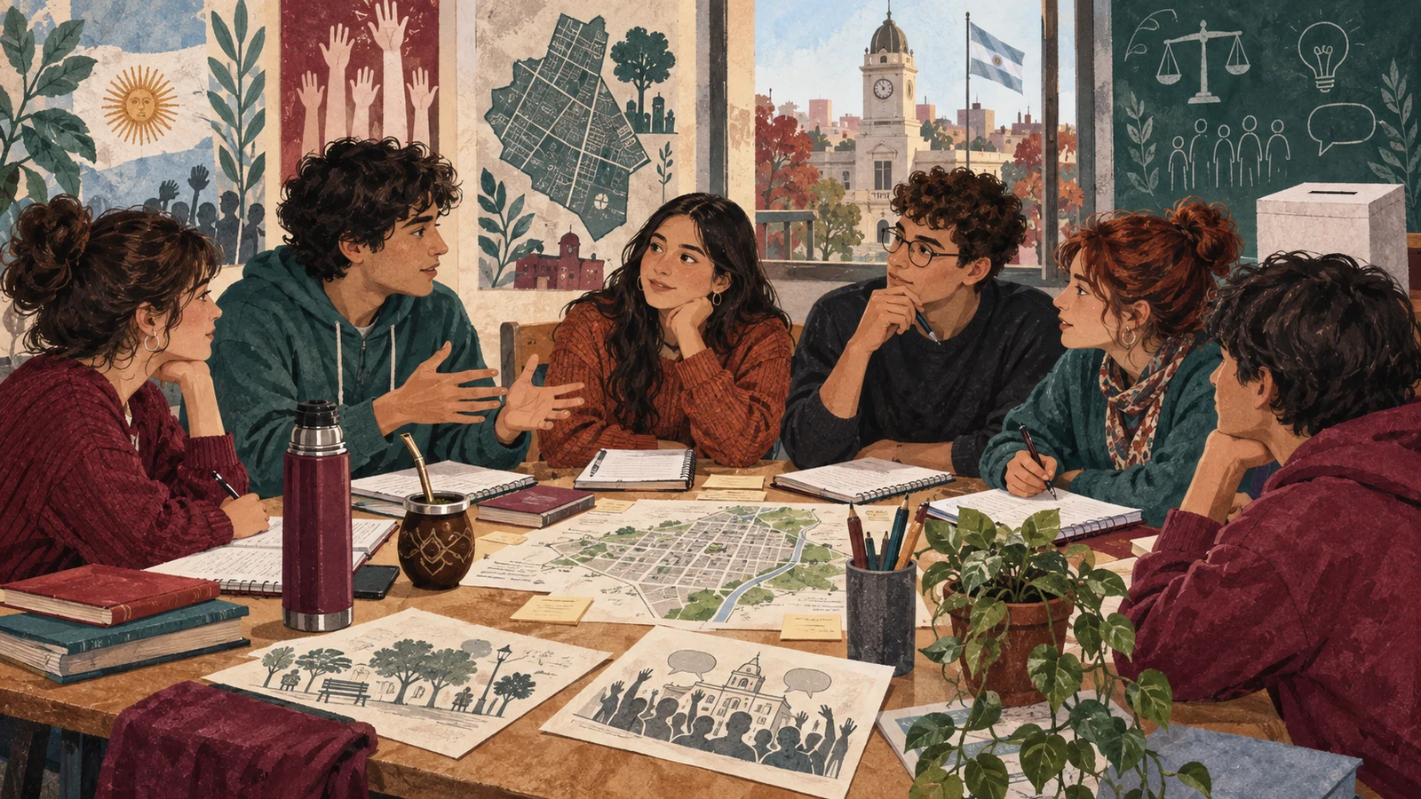Ilustración editorial generada con IA sobre participación estudiantil. No representa a personas reales.