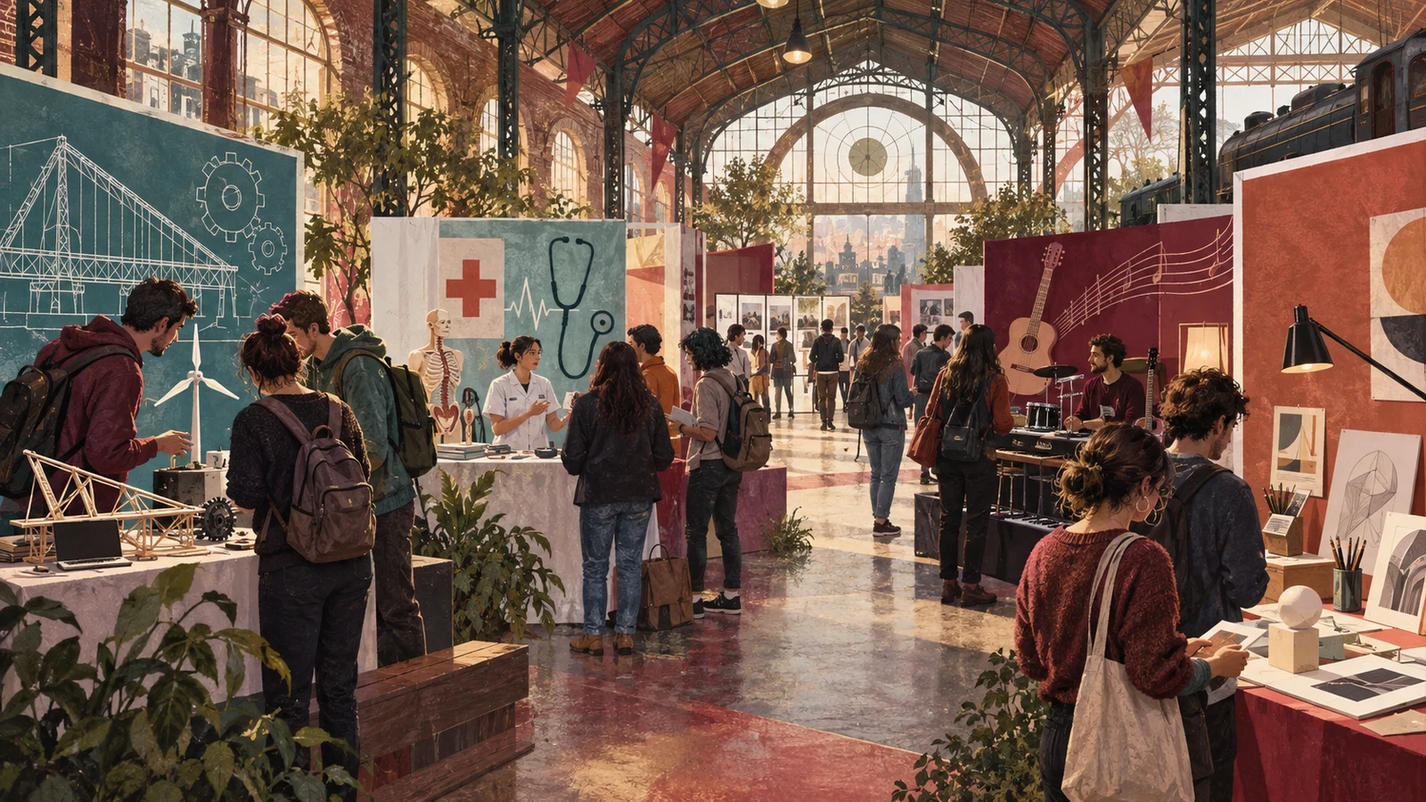 Ilustración editorial generada con IA sobre orientación y carreras universitarias; no es un registro de ExpoCarreras.