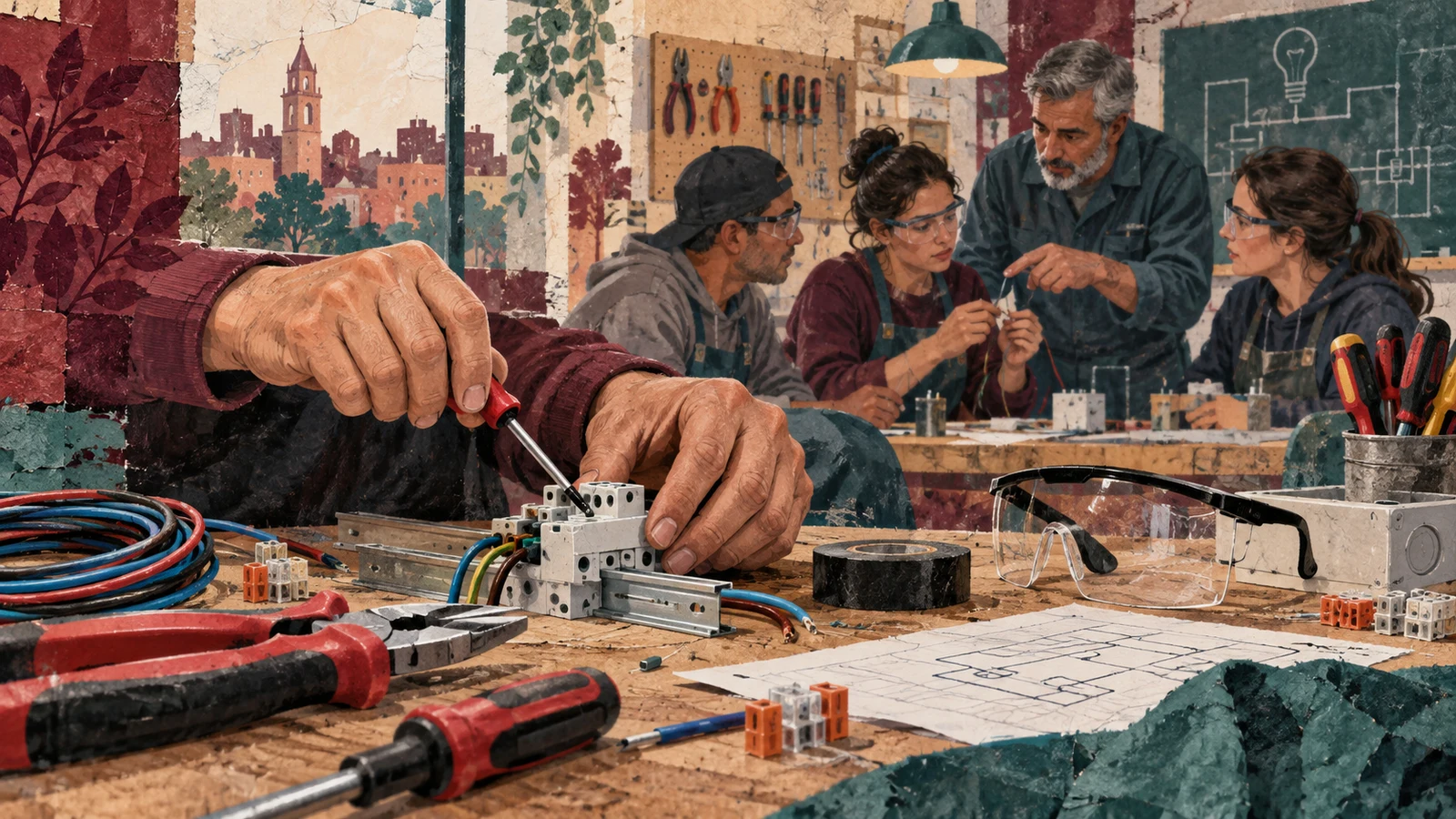 Ilustración editorial generada con IA sobre formación en oficios.