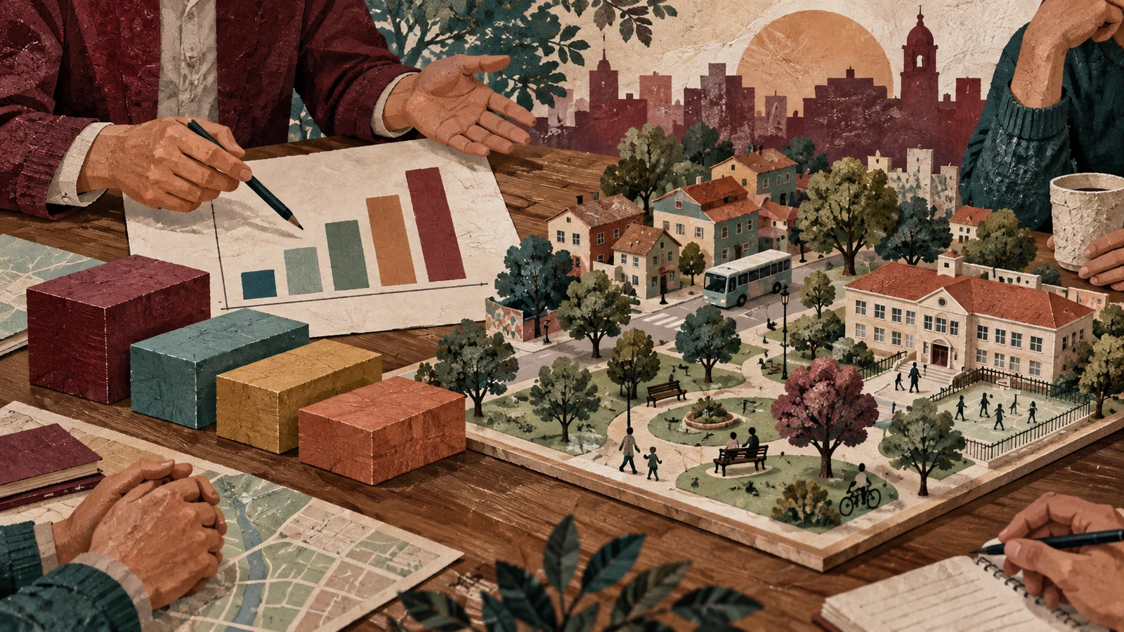 Ilustración editorial generada con IA sobre planificación y presupuesto local; gráficos sin valores reales.