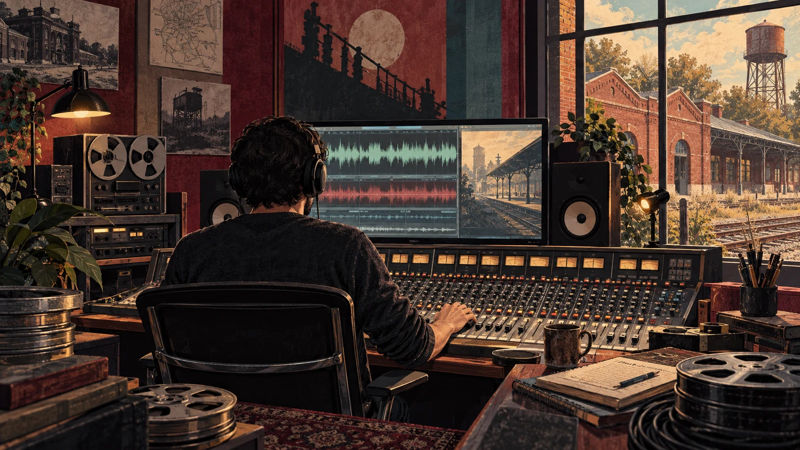 Ilustración editorial generada con IA sobre producción sonora; no reproduce el estudio Discépolo.