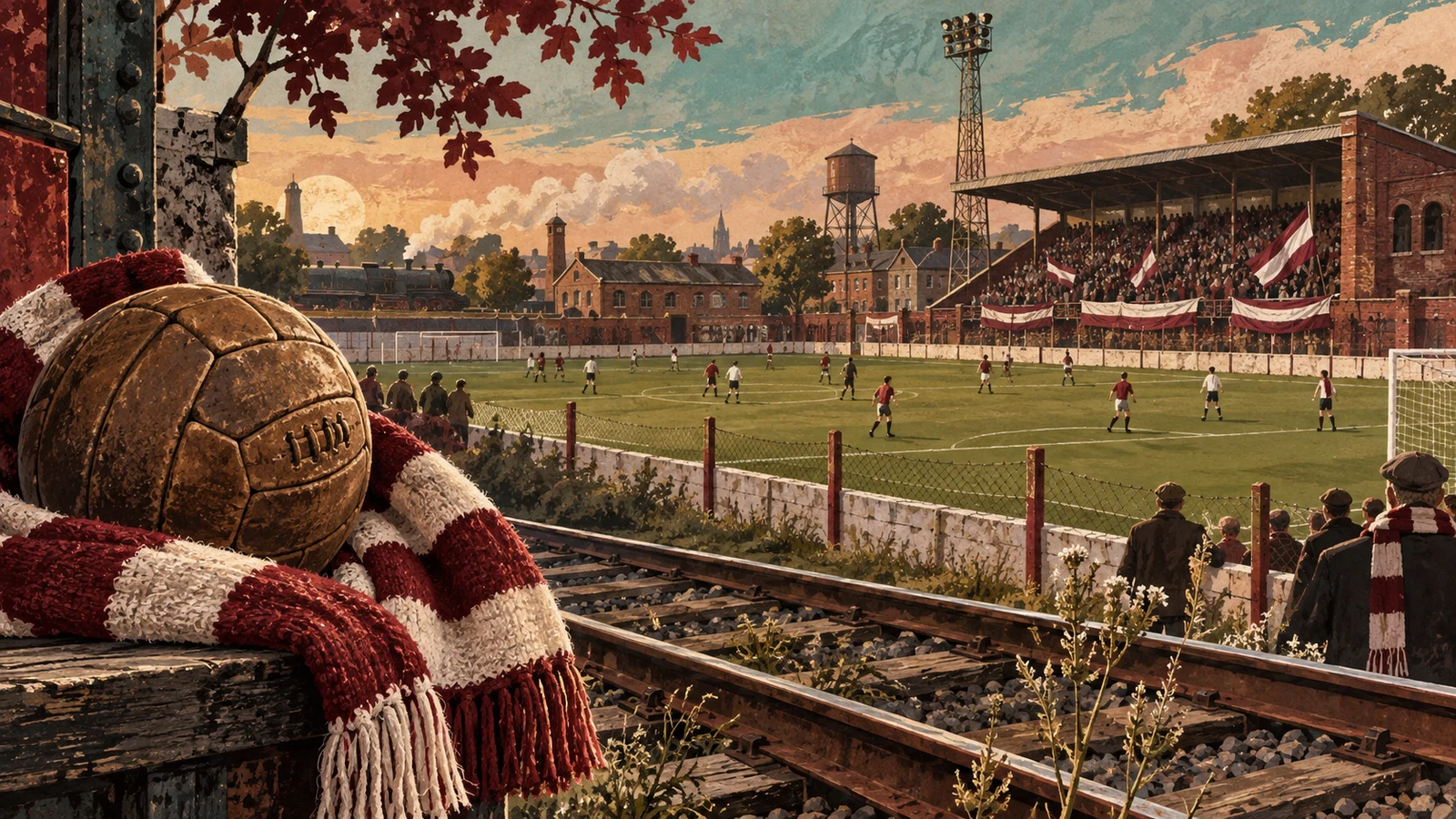 Ilustración conceptual generada con IA sobre fútbol e identidad ferroviaria; no reproduce el estadio real.