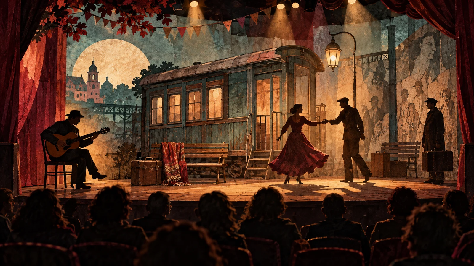 Ilustración conceptual generada con IA sobre teatro y memoria ferroviaria; no reproduce la puesta real.