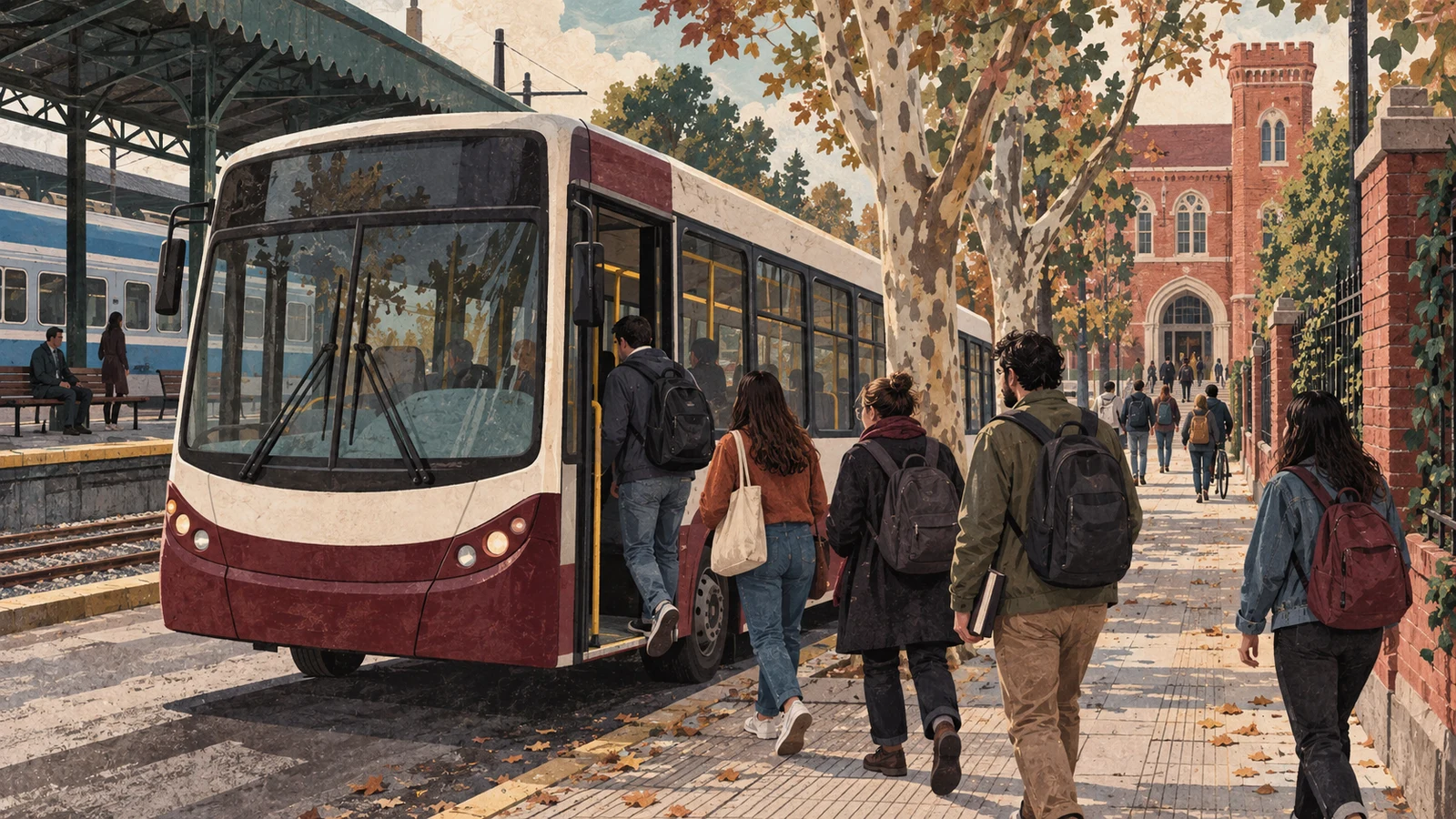 Ilustración editorial generada con IA sobre movilidad universitaria; no reproduce una unidad o parada real.