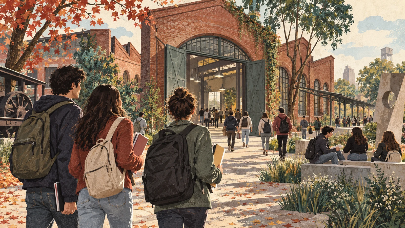 Ilustración editorial generada con IA sobre el ingreso universitario; no reproduce el campus real.