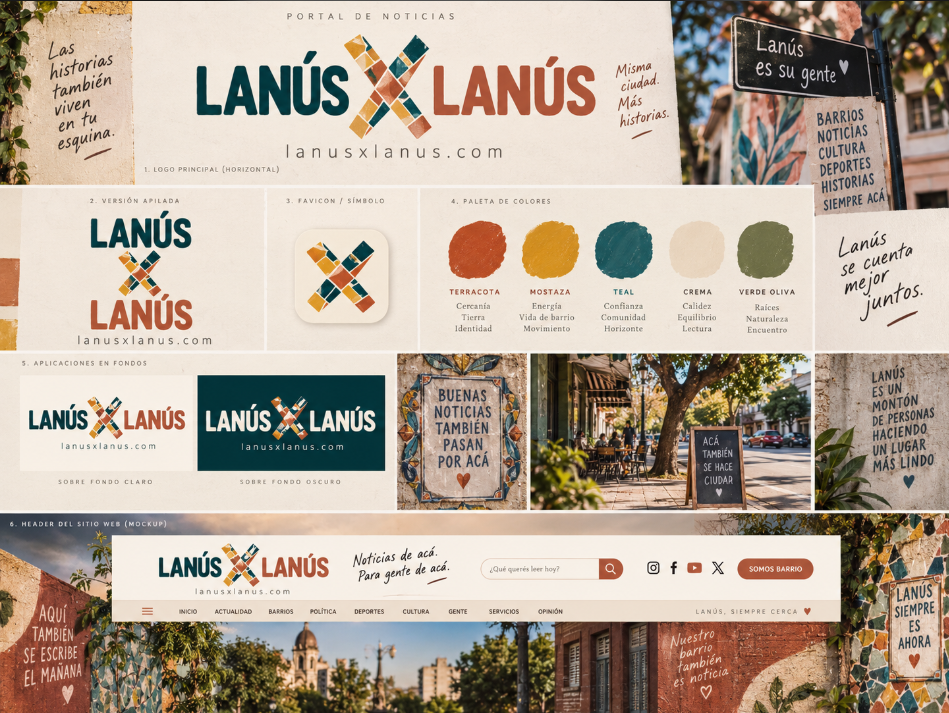 Lámina de identidad de Lanús x Lanús con variantes del logo, colores, frases barriales y una propuesta de encabezado