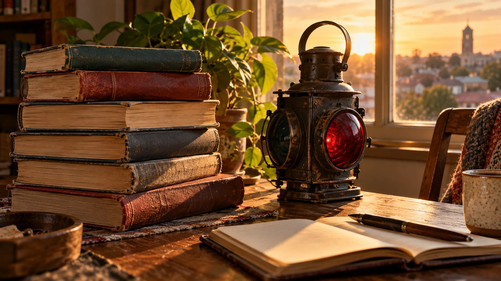 Libros y un farol ferroviario en una mesa imaginaria (ilustración generada con IA)