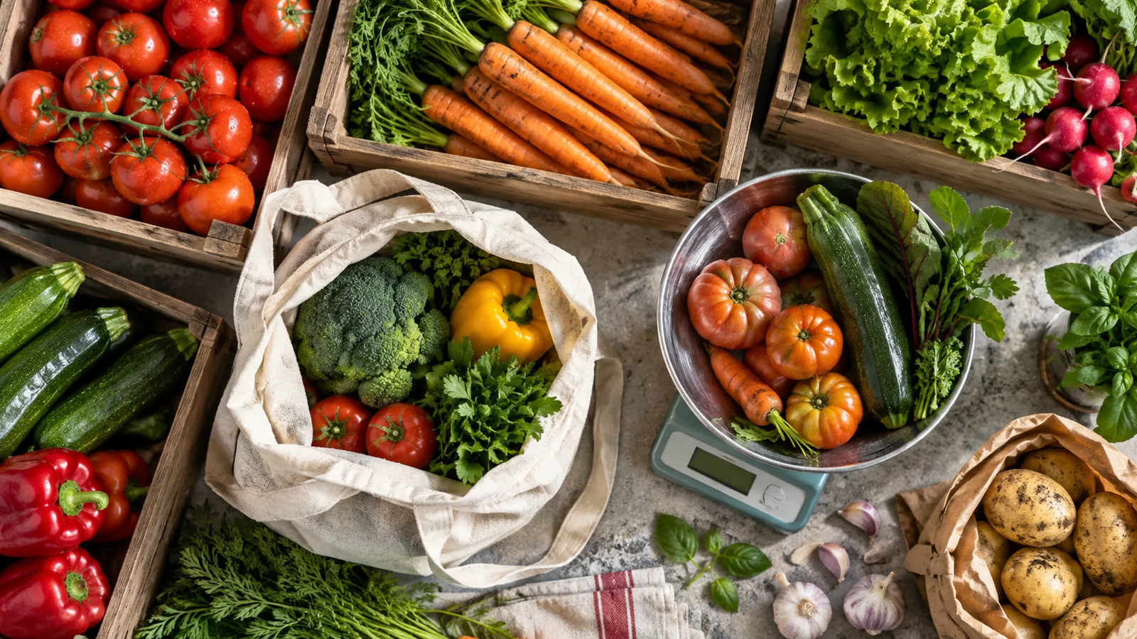 Verduras, bolsas y balanza en una ilustración de compras de feria (ilustración generada con IA)