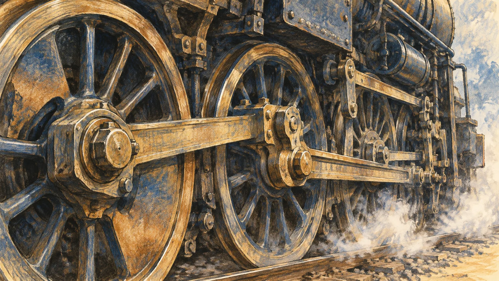 Ilustración de ruedas y bielas de una locomotora genérica (ilustración generada con IA)