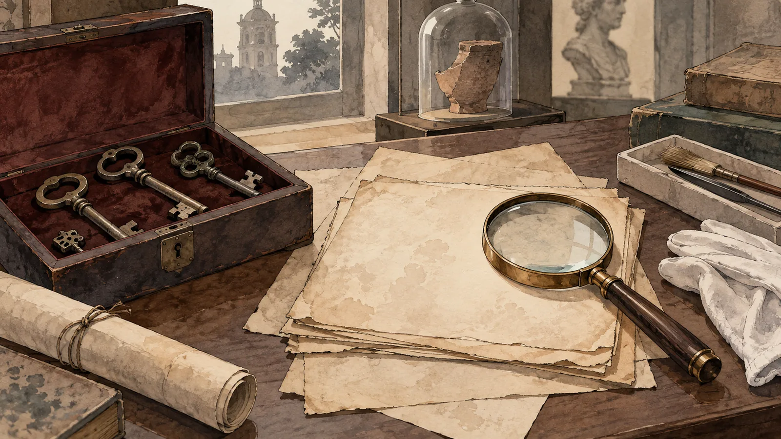 Llaves, documentos sin texto y lupa en una ilustración de archivo (ilustración generada con IA)