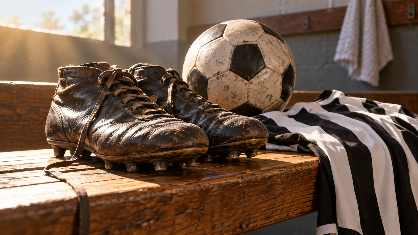 Botines, pelota y camiseta blanca y negra sin escudo (ilustración generada con IA)