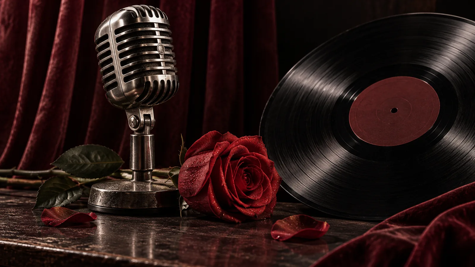Rosa roja, disco y micrófono como alusión conceptual a la música (ilustración generada con IA)