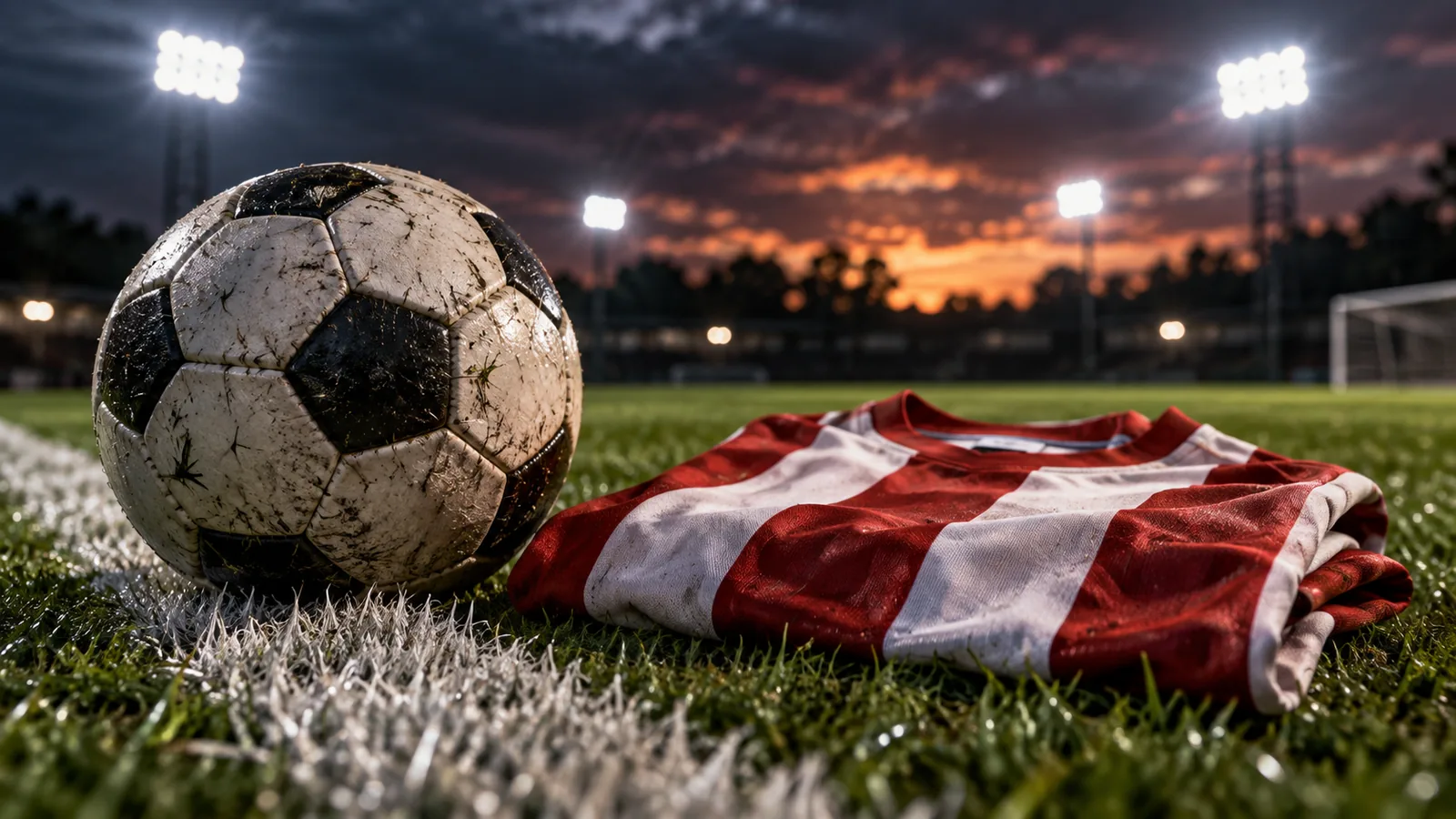 Pelota junto a una camiseta roja y blanca sin escudo (ilustración generada con IA)