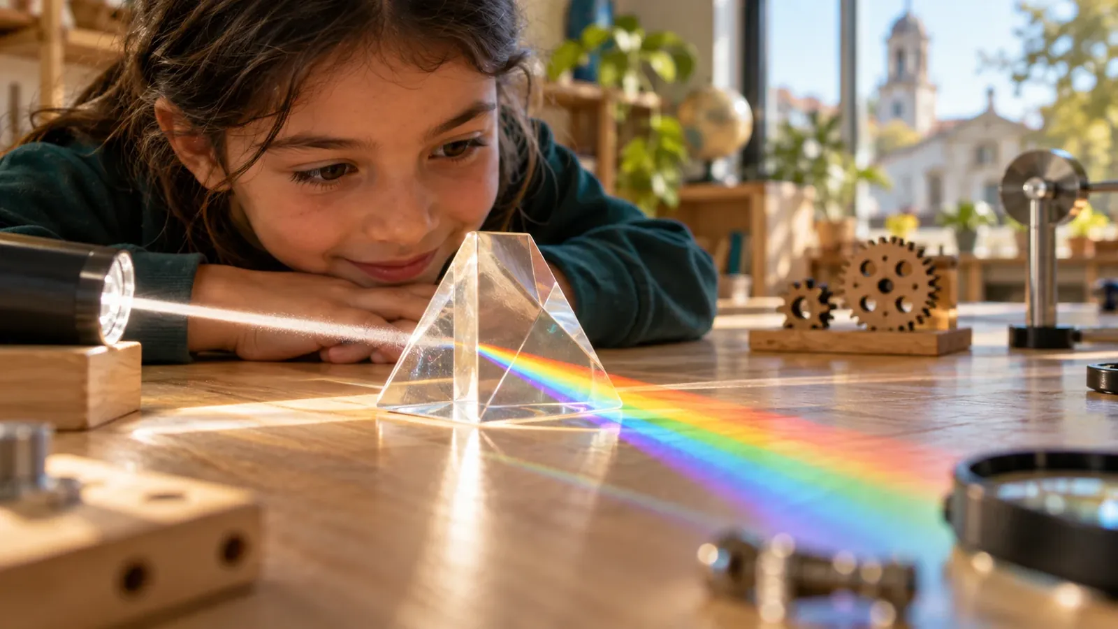 Prisma de vidrio que proyecta colores sobre una mesa con materiales educativos.