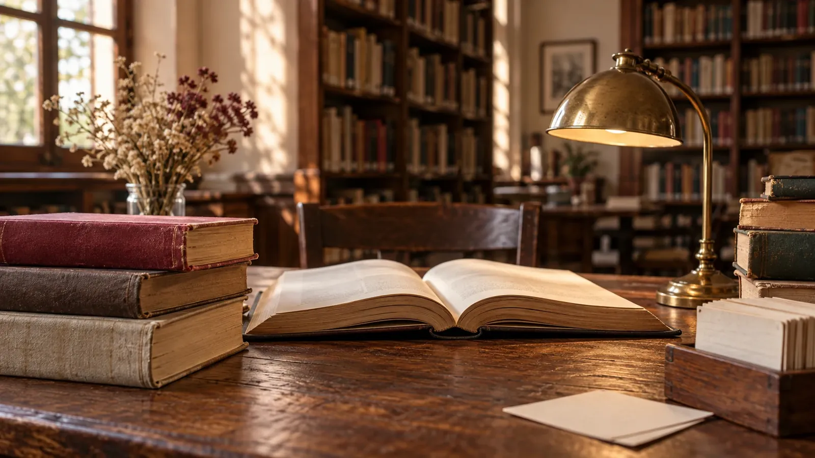 Libros de distintos tamaños y una lámpara de lectura en una sala conceptual (ilustración generada con IA)