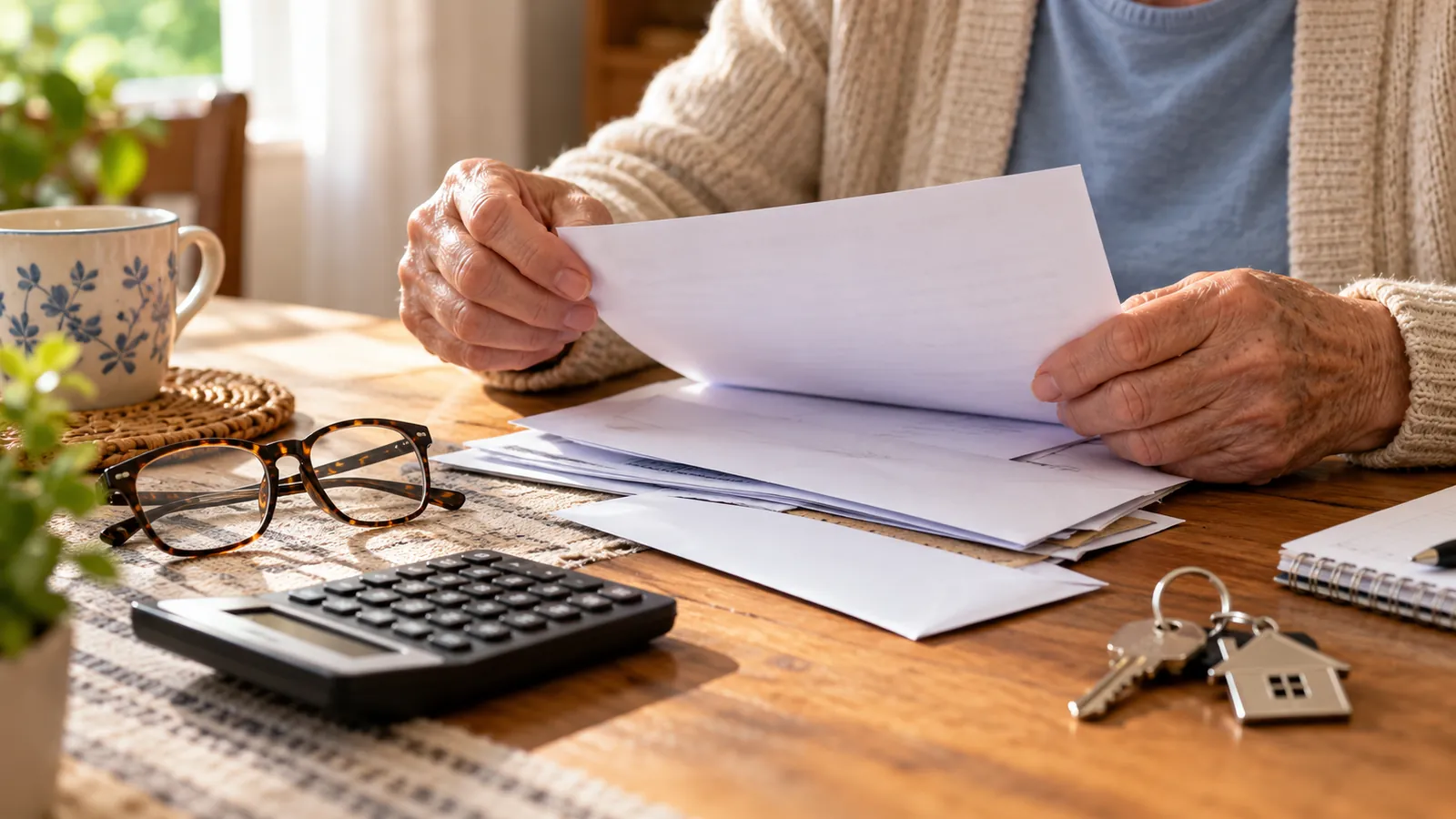 Manos de una persona mayor con papeles, anteojos, llaves y calculadora