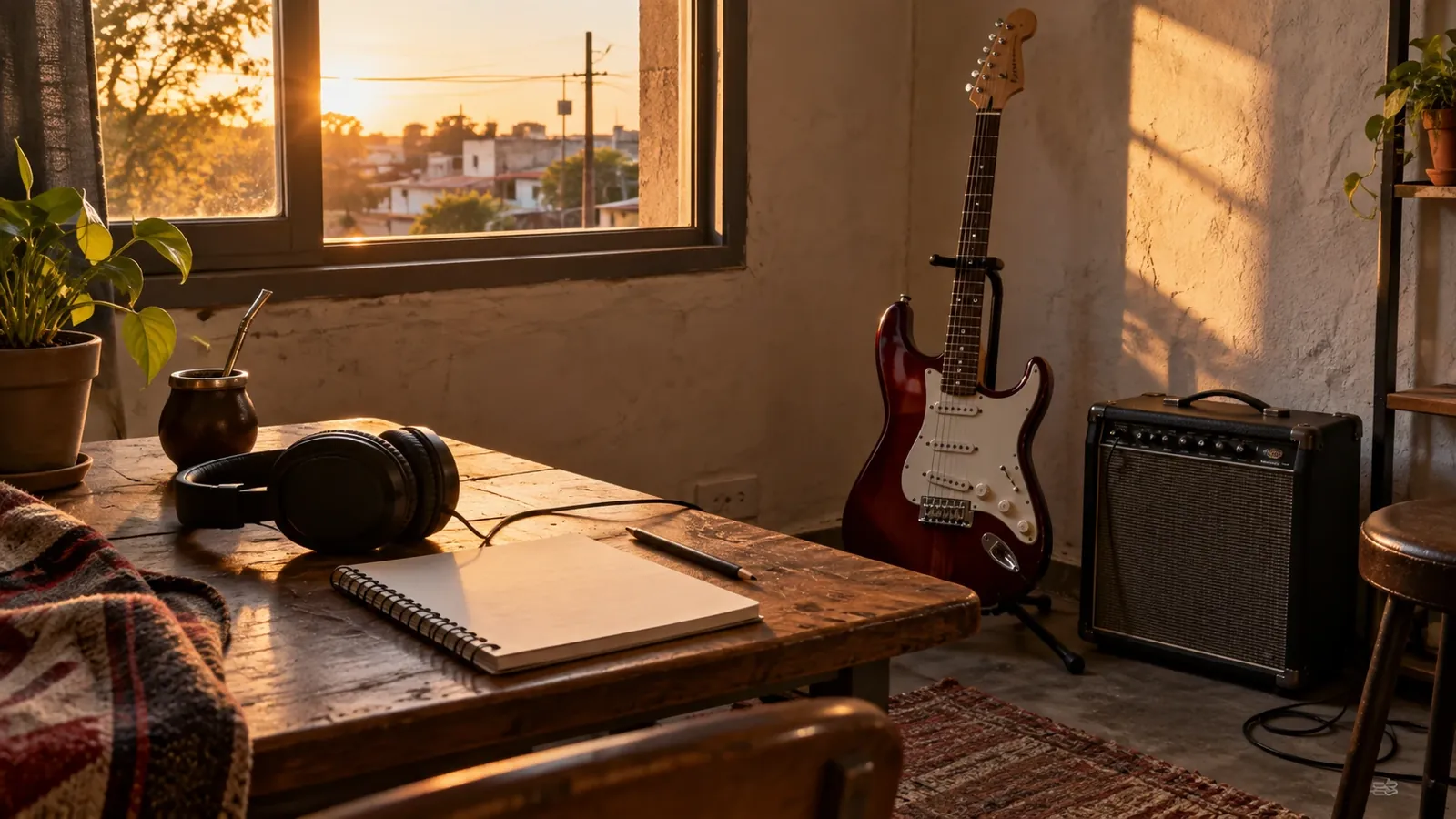 Guitarra eléctrica, amplificador y cuaderno junto a una ventana.