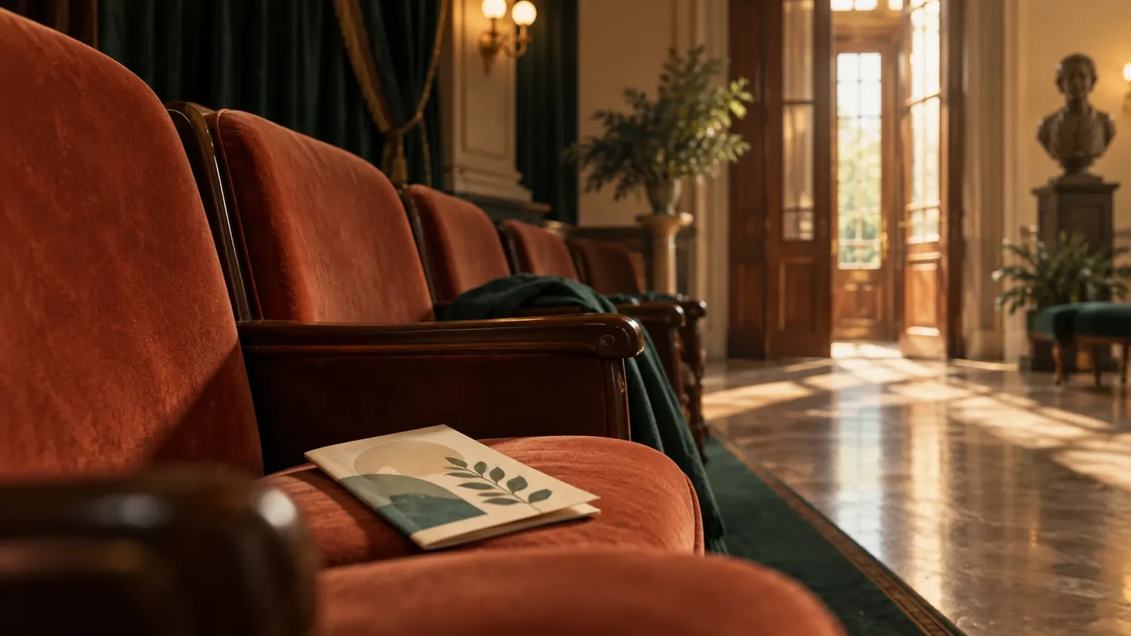 Butacas de teatro terracota y un programa sin texto junto a una puerta iluminada.