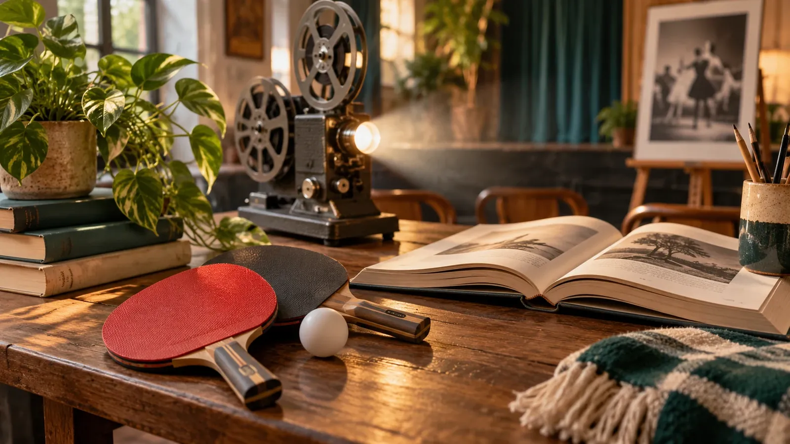 Paletas de tenis de mesa, una pelota, un proyector y un libro sobre una mesa.