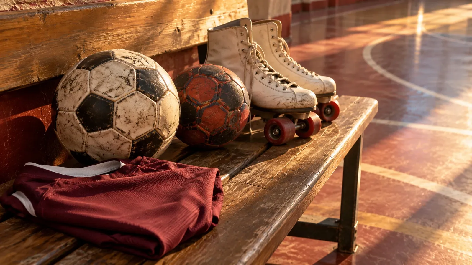 Pelotas, patines y una camiseta sin marca sobre un banco junto a una cancha genérica (ilustración generada con IA)