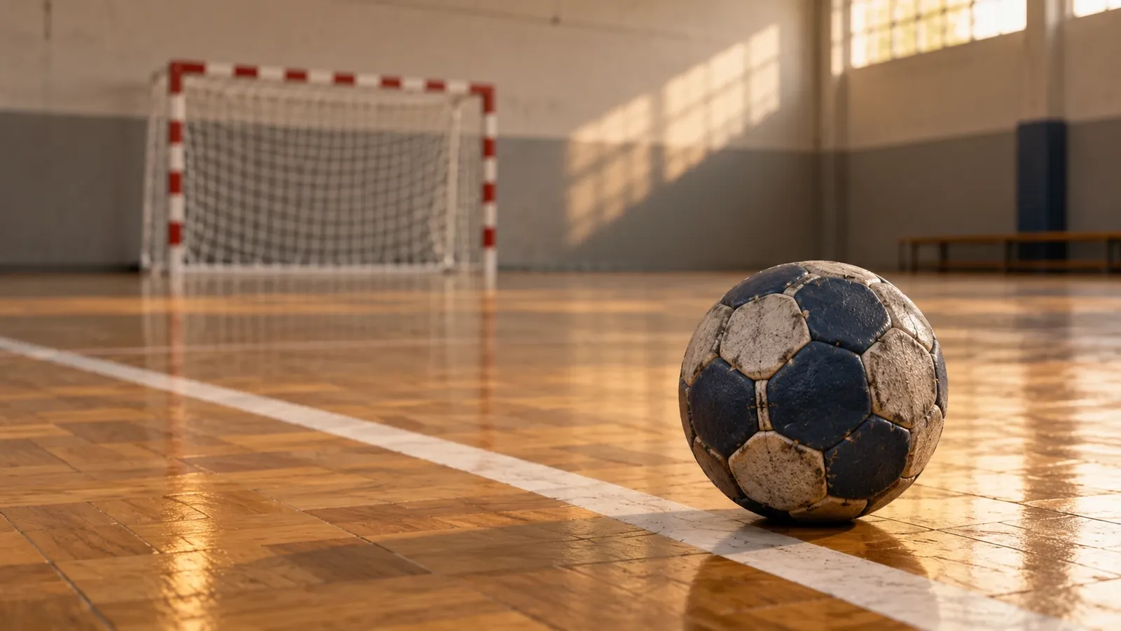 Pelota sobre un piso de parquet con un arco al fondo.