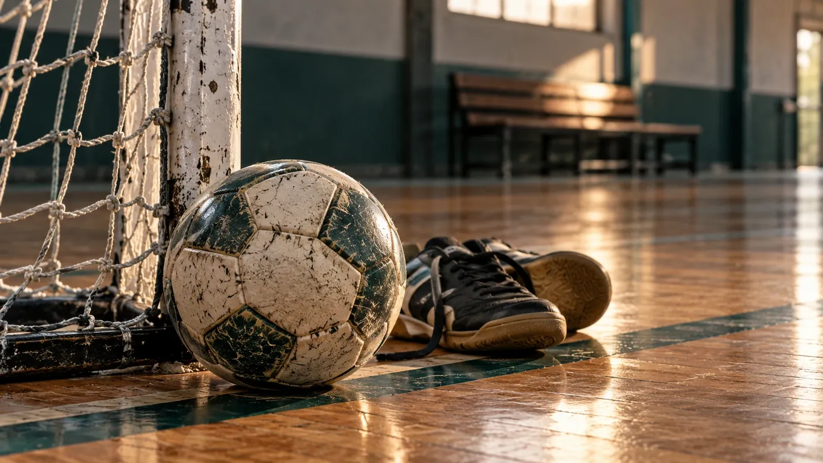 Pelota de fútbol de salón, red y zapatillas sobre un piso de madera.