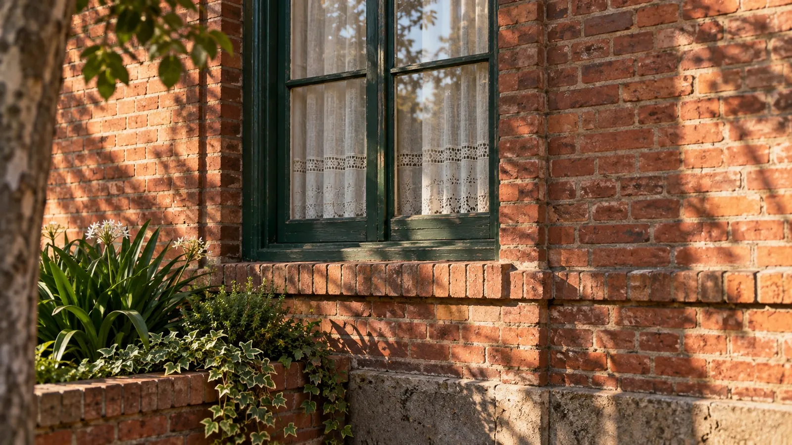 Ventana verde en una pared de ladrillos con plantas y sombras de árboles.