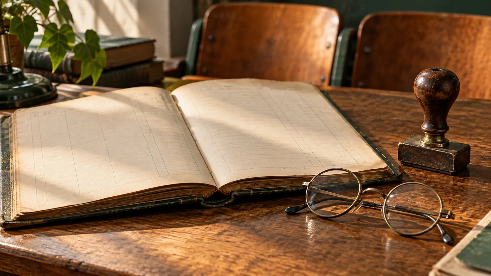 Libro de registros sin texto, anteojos y sello de madera frente a respaldos de butacas.