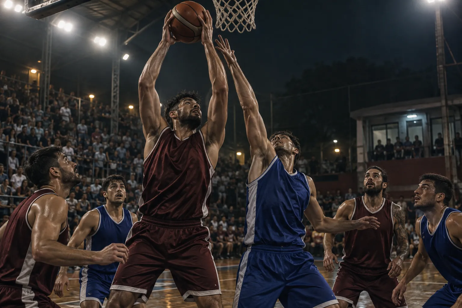 Dos jugadores disputan una pelota durante una jugada de básquet en una cancha cubierta.