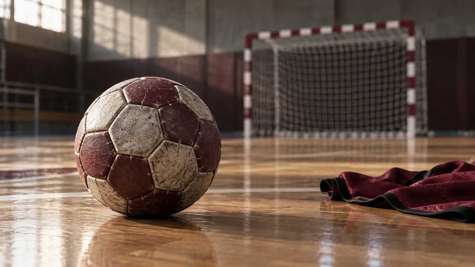 Pelota de handball y prenda granate sobre una cancha cubierta.