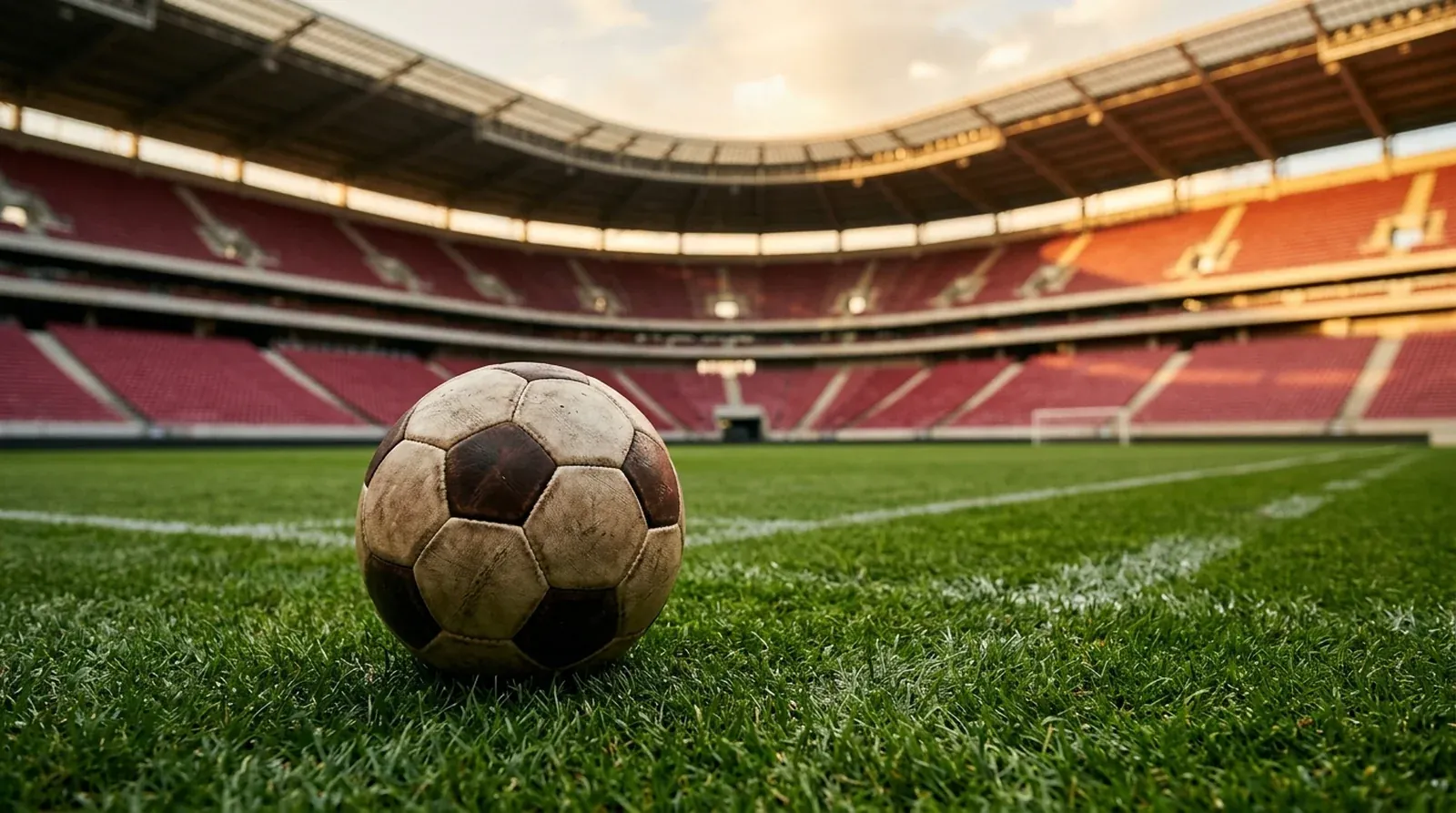 Pelota de fútbol sobre césped de estadio con tribunas granates vacías.