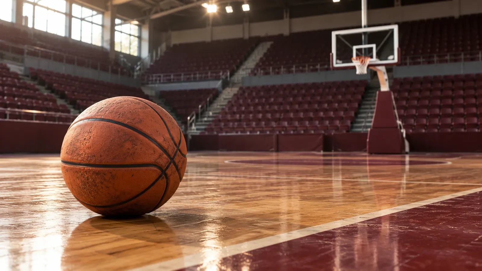 Pelota de básquet sobre una cancha de madera con tribunas vacías.