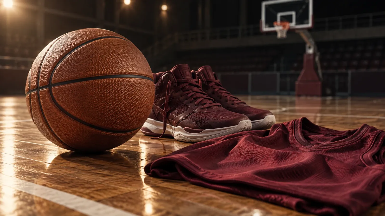 Pelota de básquet, zapatillas y camiseta granate sobre el piso de una cancha vacía.