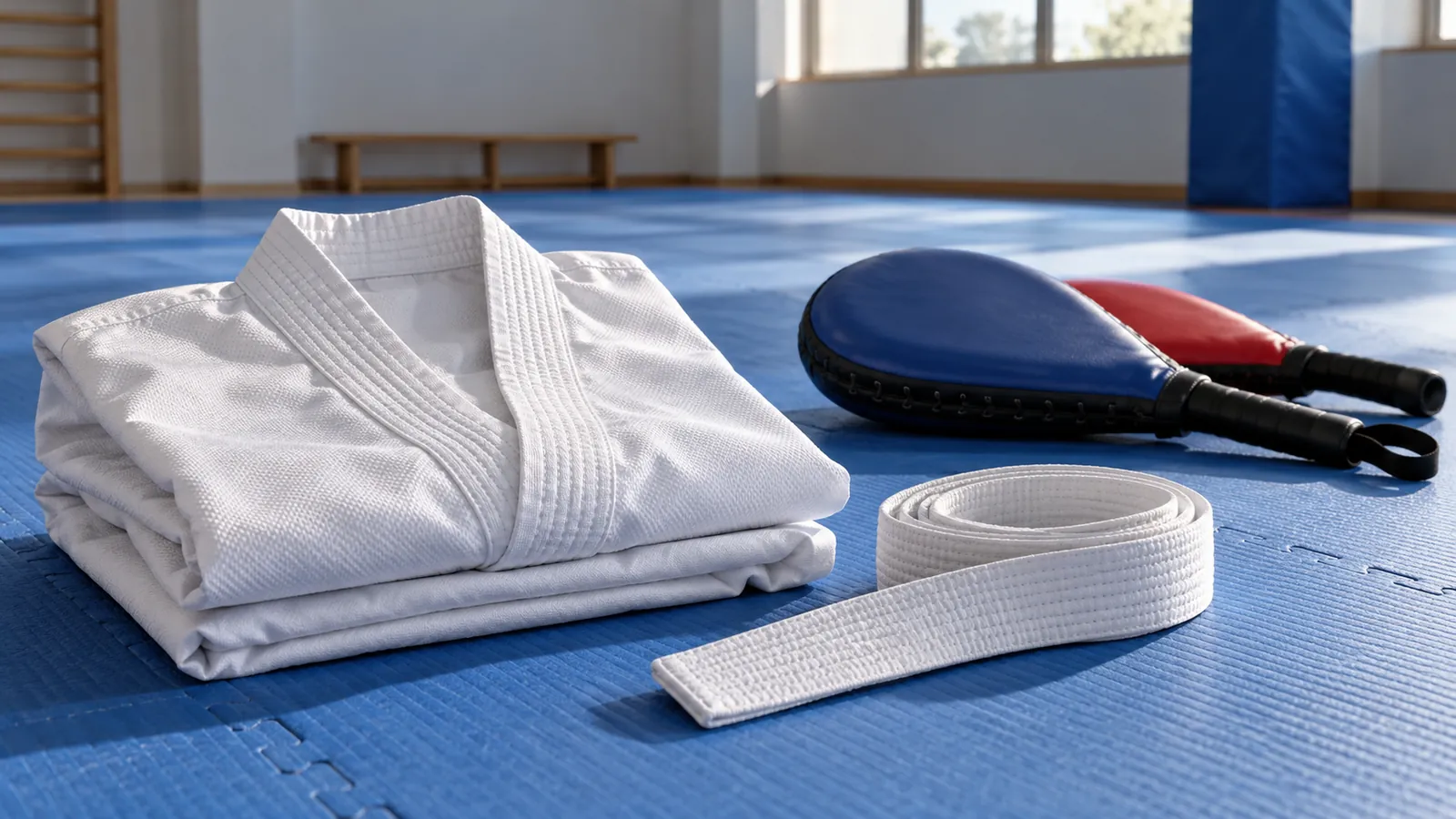 Uniforme blanco, cinturón y elementos de entrenamiento sobre una colchoneta azul.