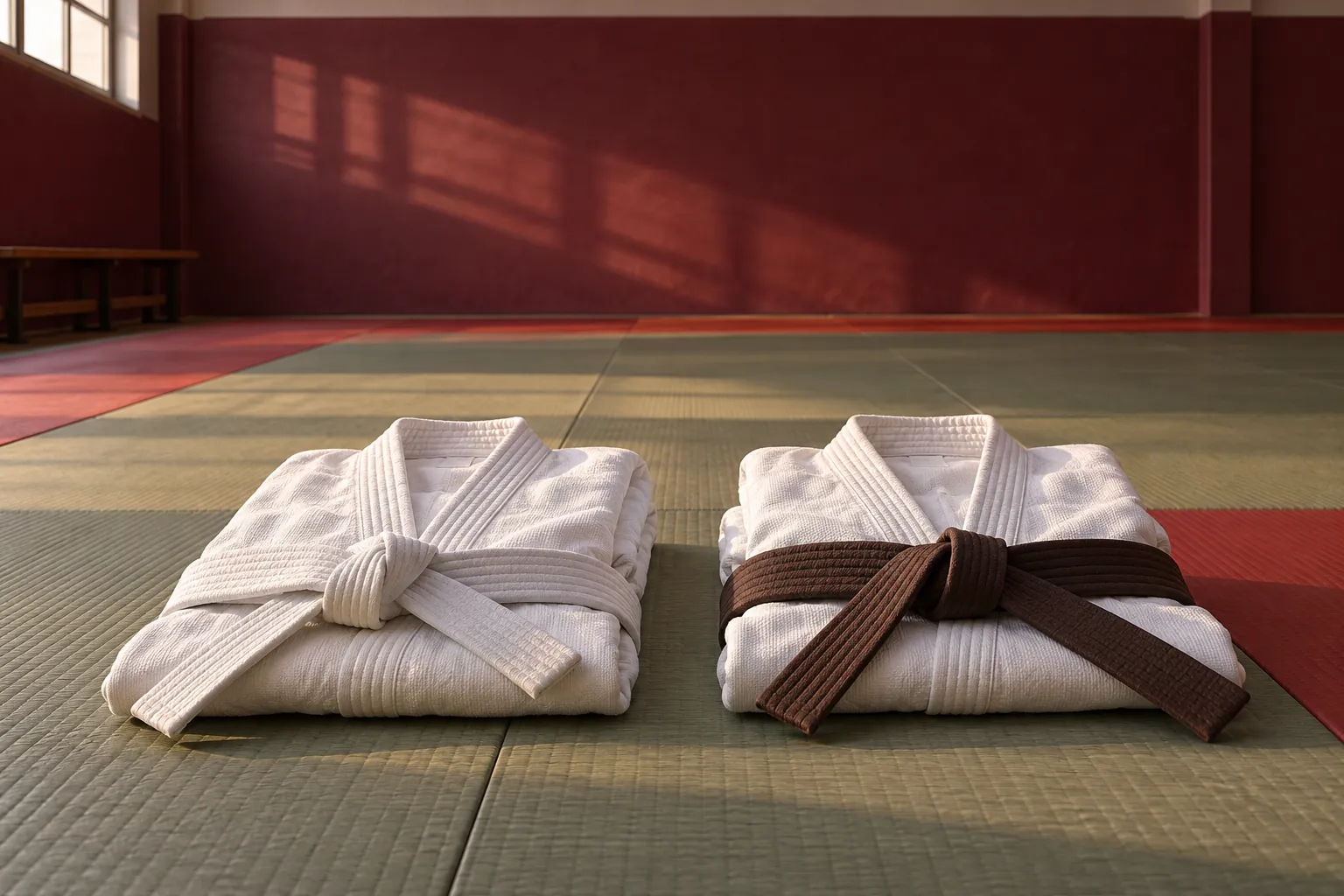 Dos judogis doblados con cinturones sobre un tatami, frente a una pared granate.