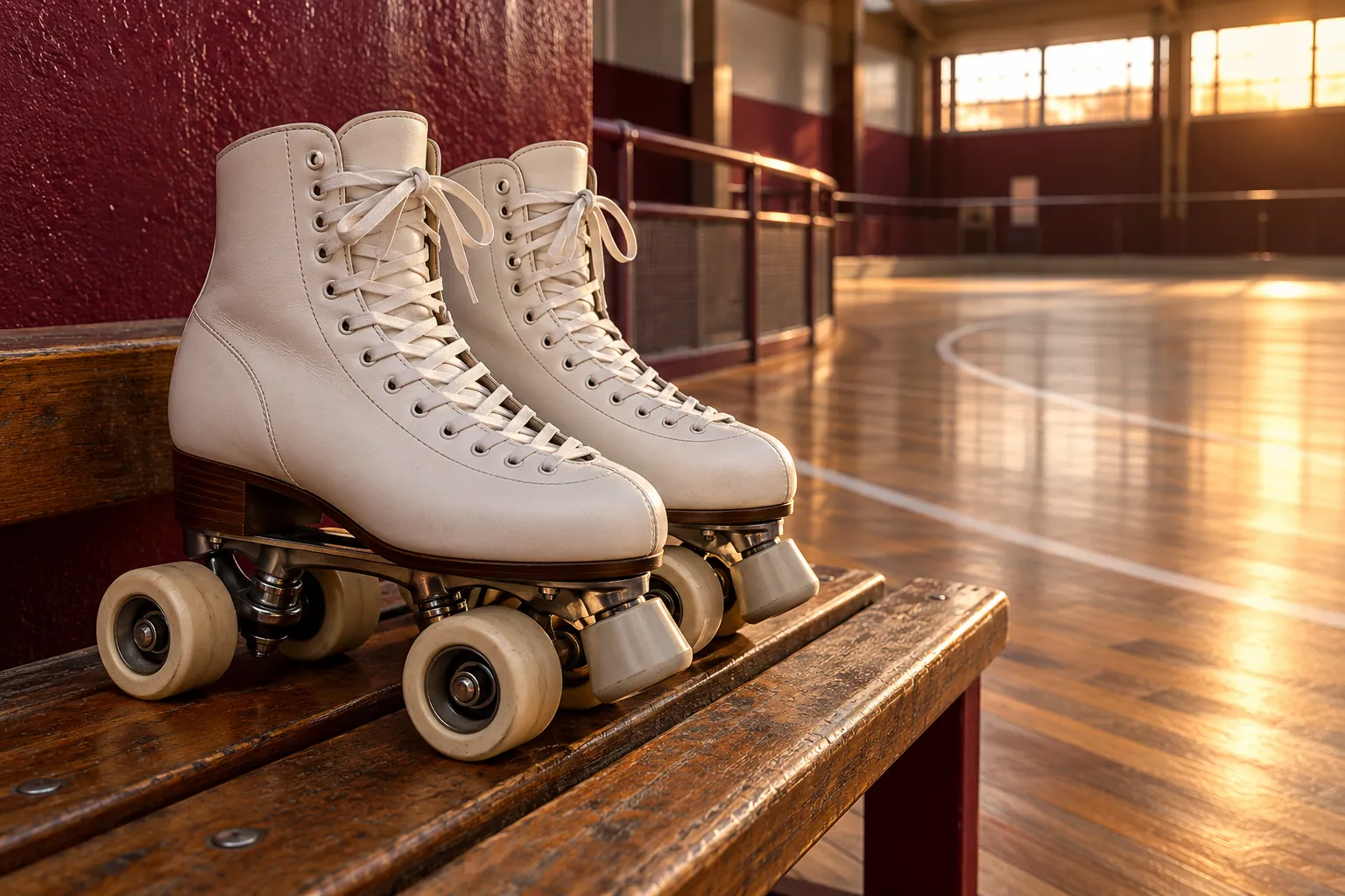 Patines artísticos sobre un banco de madera junto a una pista cubierta genérica.