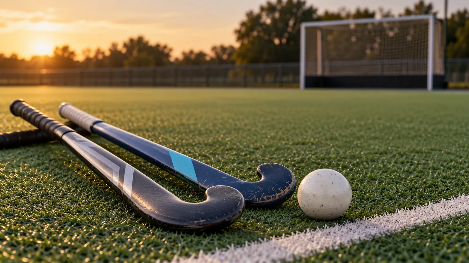 Dos palos de hockey y una bocha sobre césped sintético.