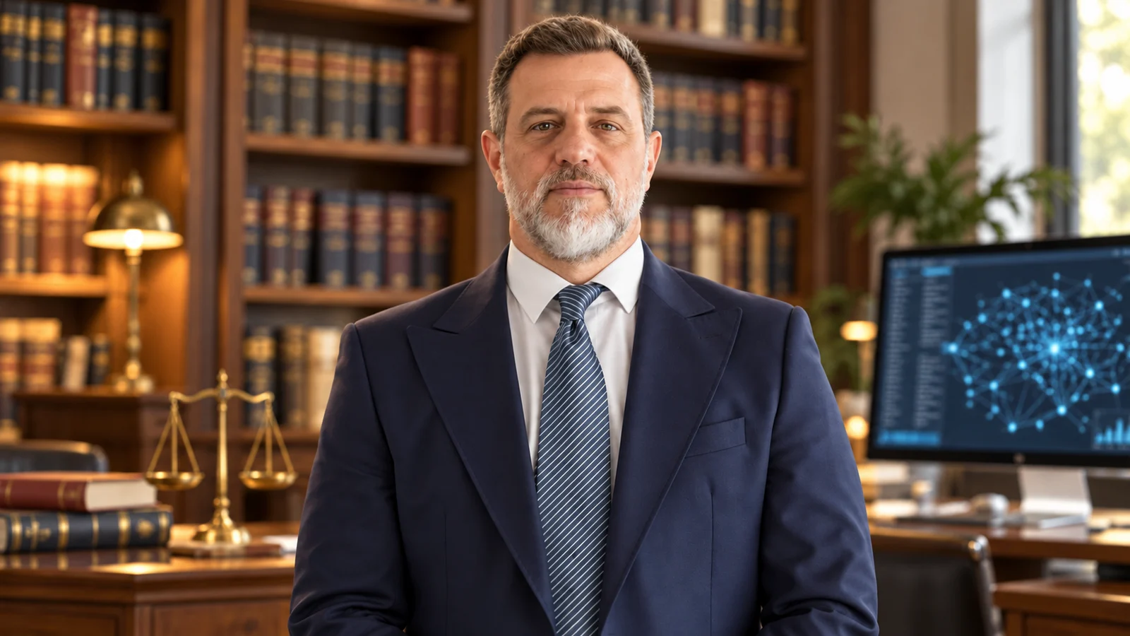 Diego Kravetz ante libros, una balanza y una pantalla con conexiones digitales.