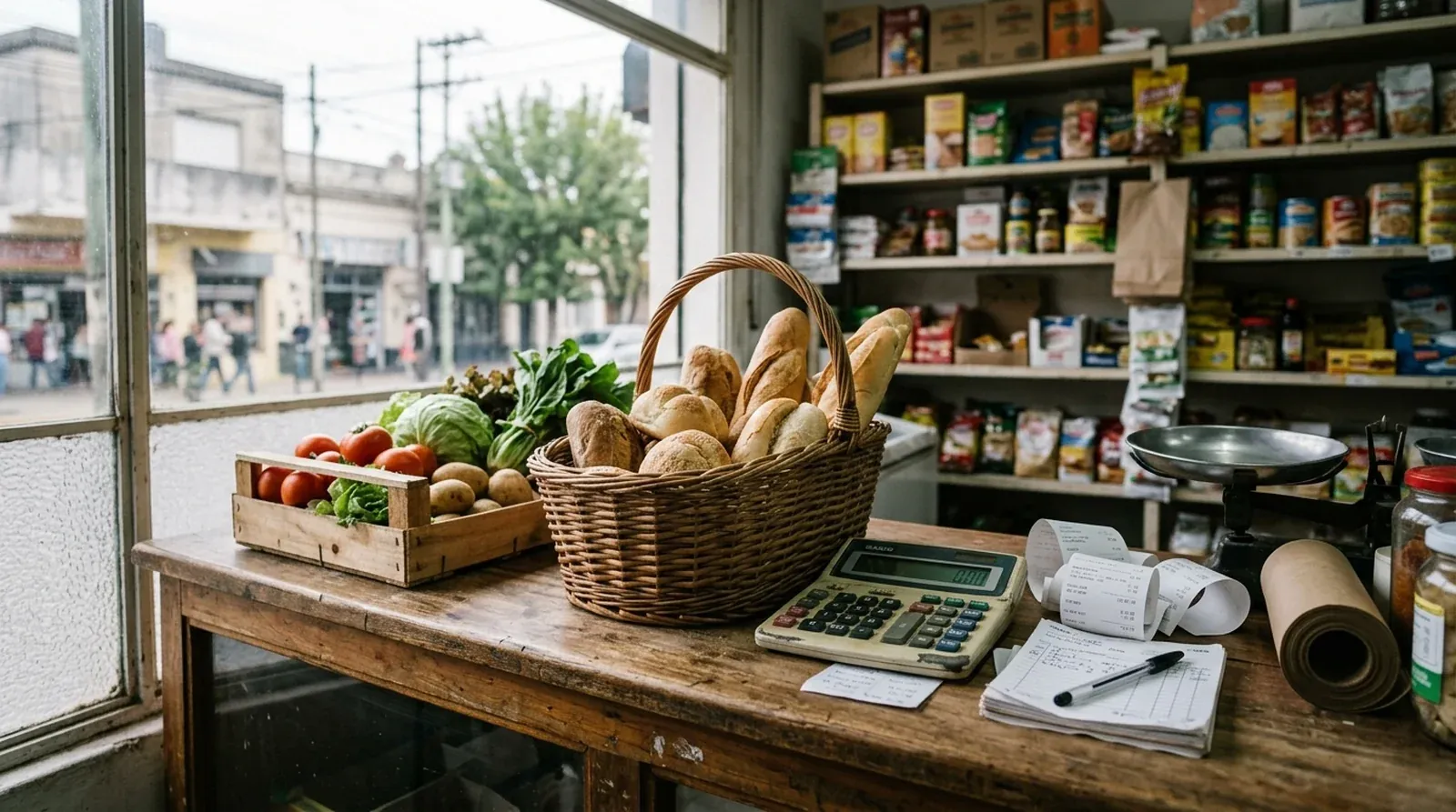 Mostrador de comercio minorista con canasto de alimentos y calculadora de gastos en Lanús.