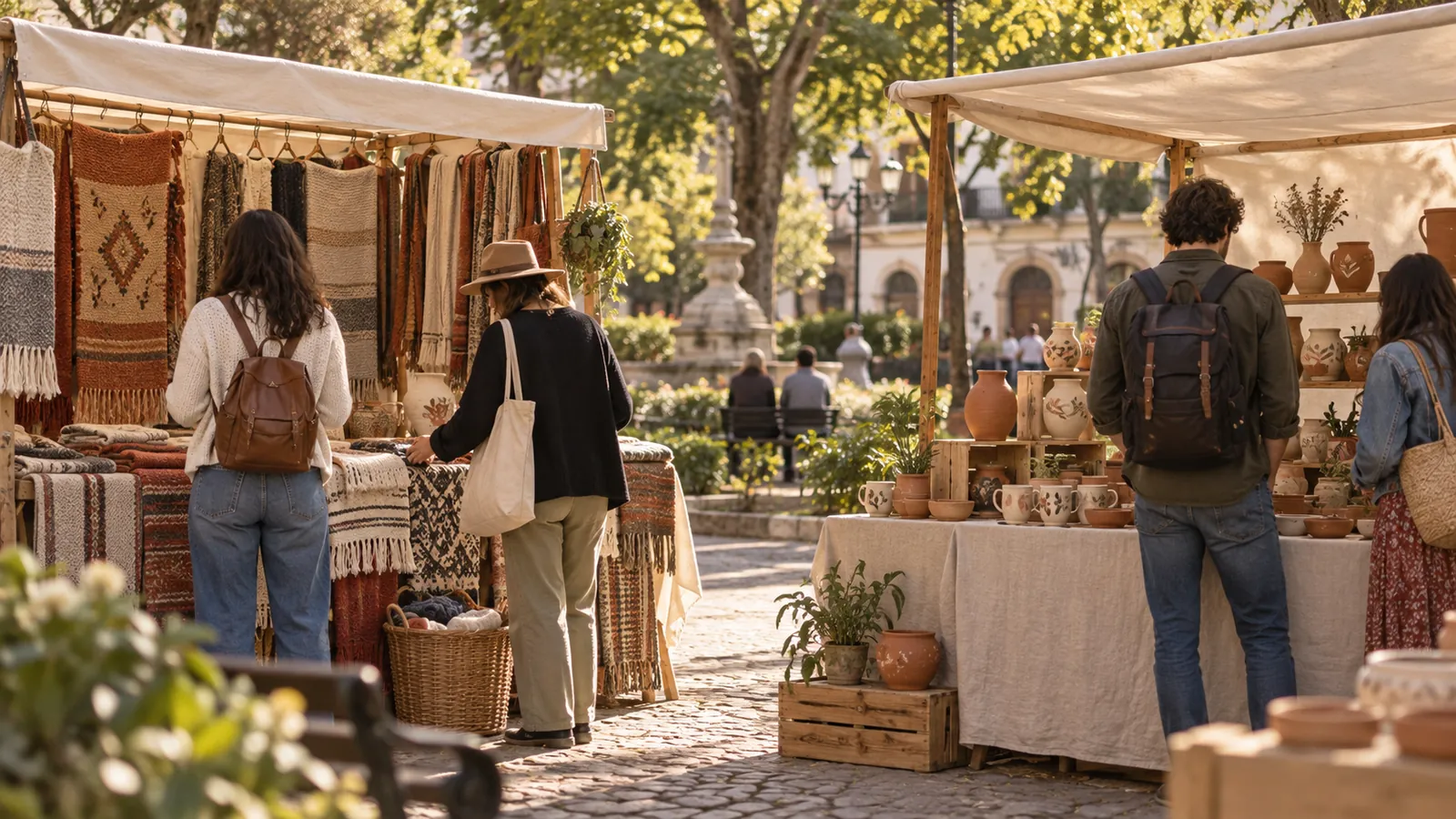 Puestos de textiles y cerámica con visitantes en una plaza
