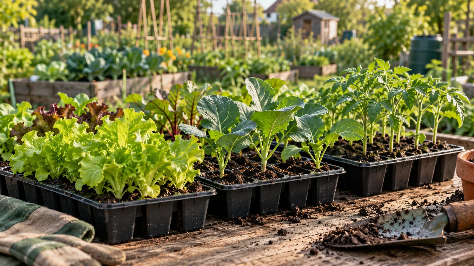Bandejas de plantines sobre una mesa junto a una huerta genérica.