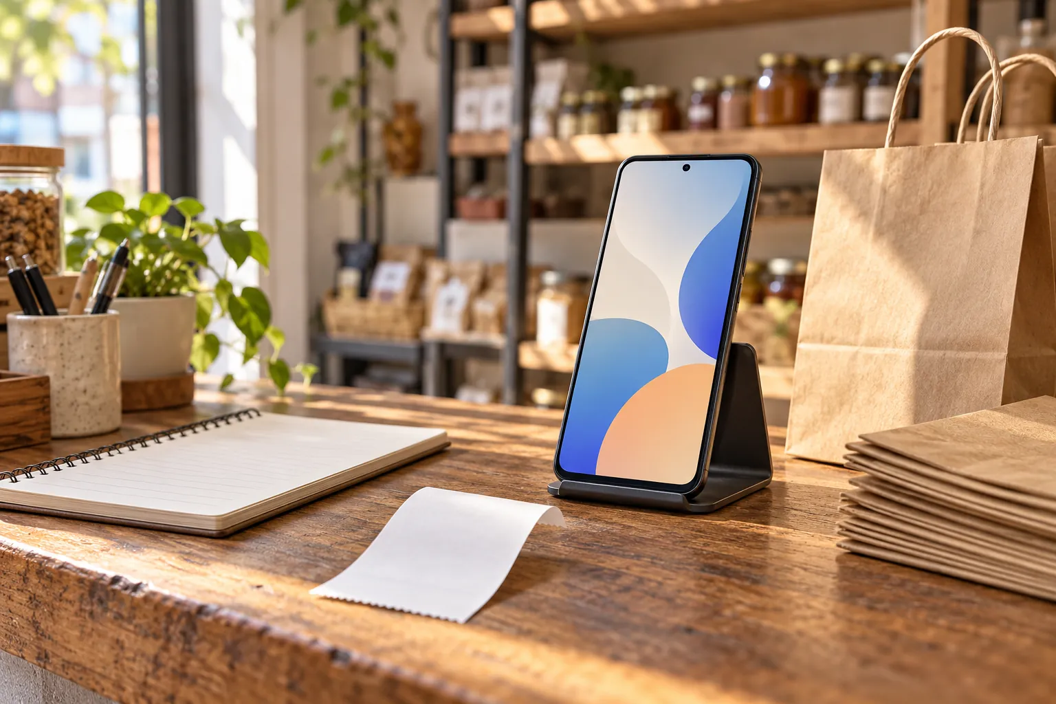 Teléfono con pantalla abstracta, libreta y comprobante en blanco sobre el mostrador de un comercio genérico.