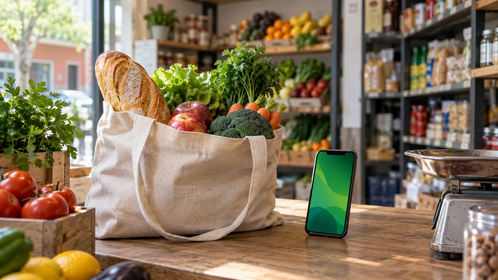 Bolsa con alimentos y teléfono sobre el mostrador de un almacén.