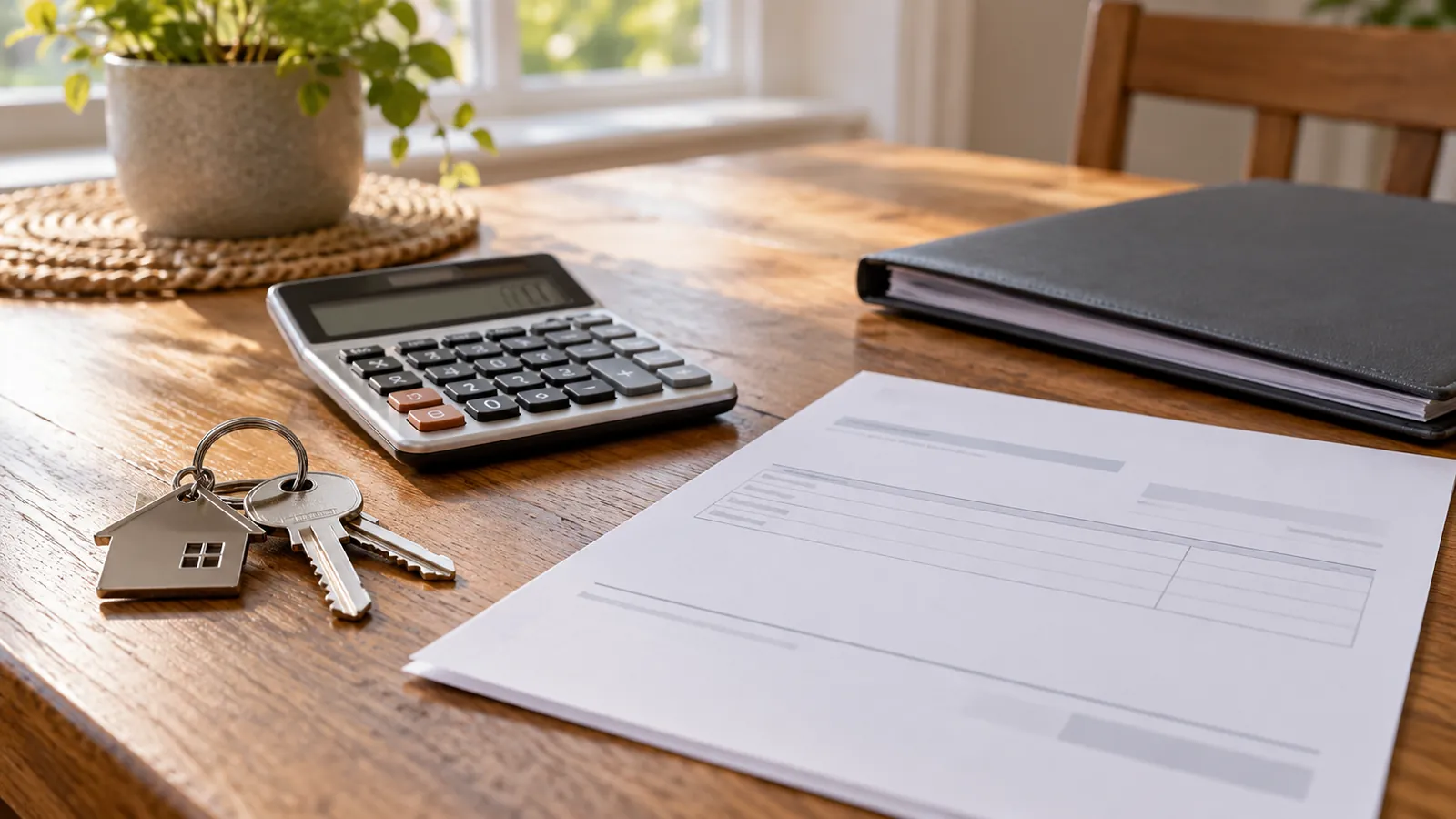 Llaves, calculadora y una carpeta sobre una mesa.
