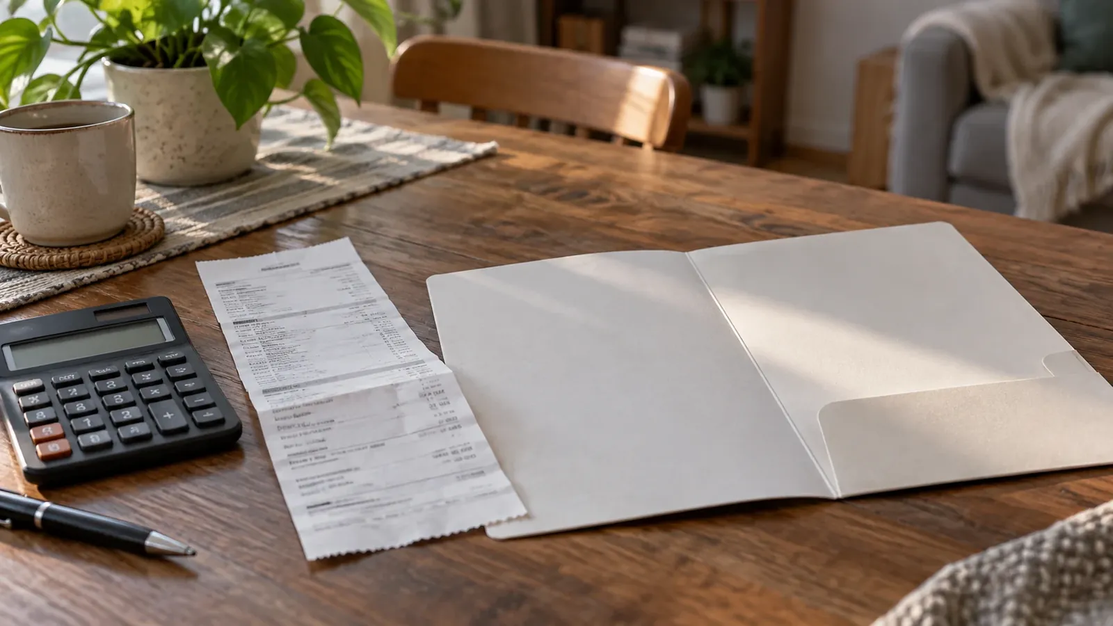 Comprobante, calculadora y carpeta abierta sobre una mesa.