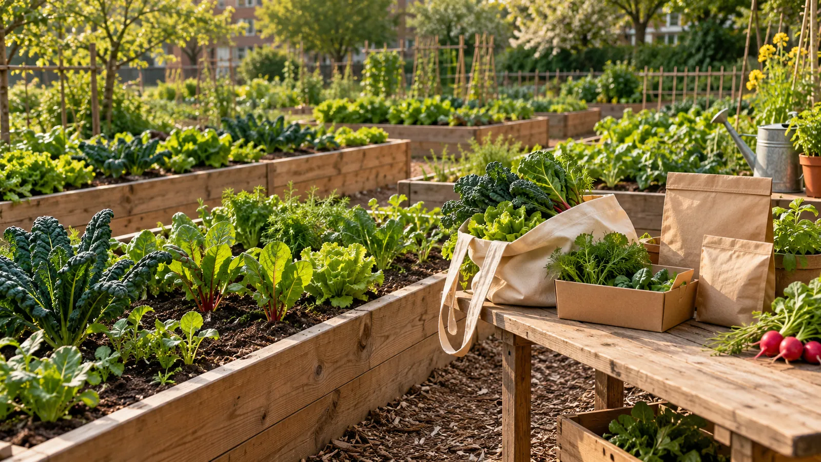 Huerta genérica con canteros y una mesa con verduras, bolsas de papel y una bolsa de tela.
